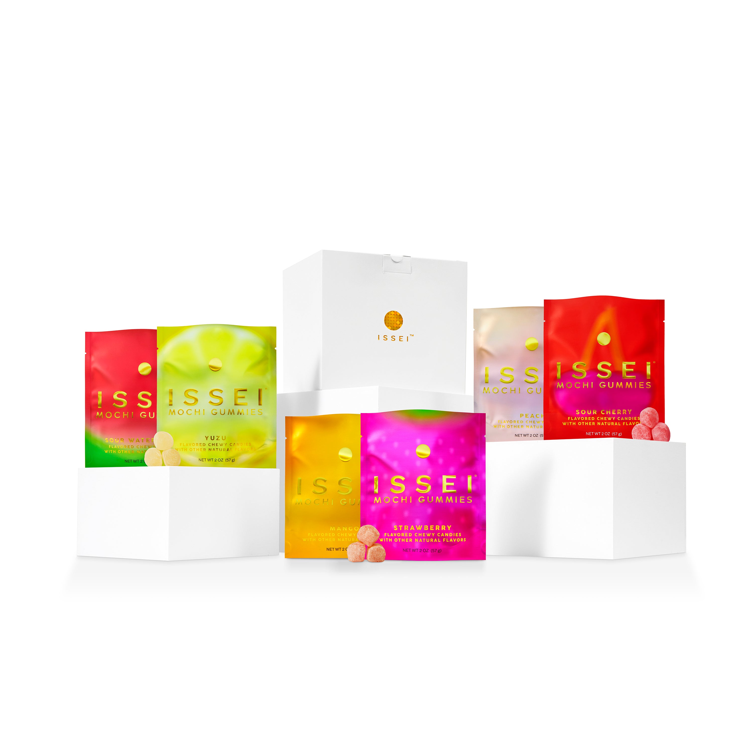 Assorted colorful packs of Issei mochi gummies white box on a white background