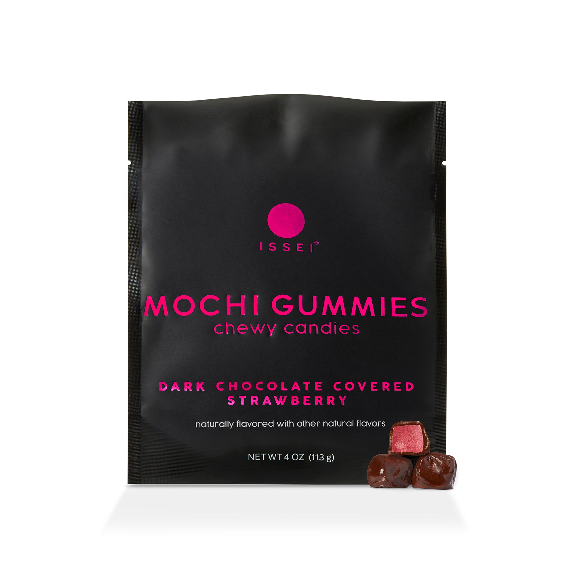 Issei Dark Chocolate Covered Strawberry Mochi Gummies with black and pink packaging on white background