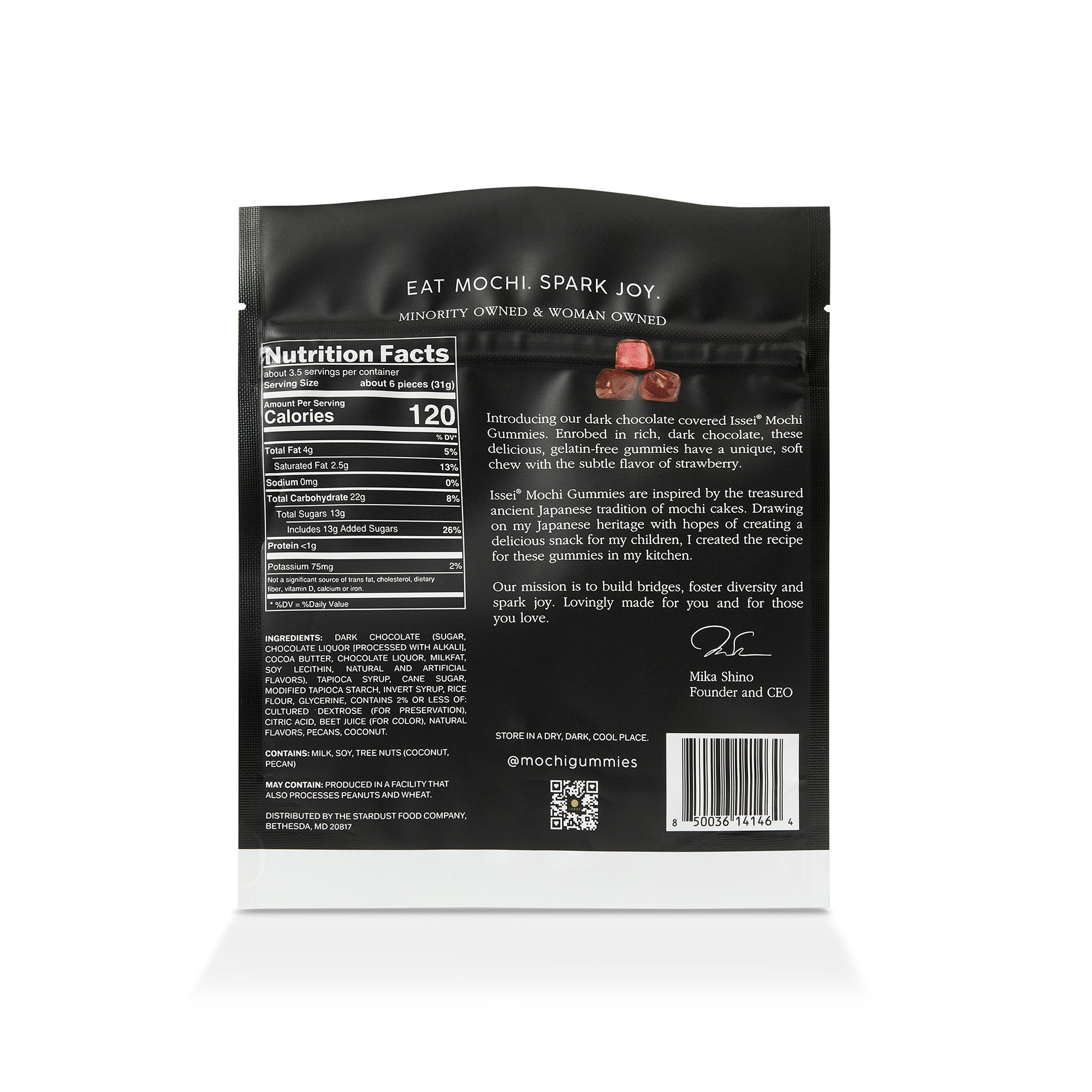 Issei Dark Chocolate Covered Strawberry Mochi Gummies with black and pink packaging back side with nutrition information on white background