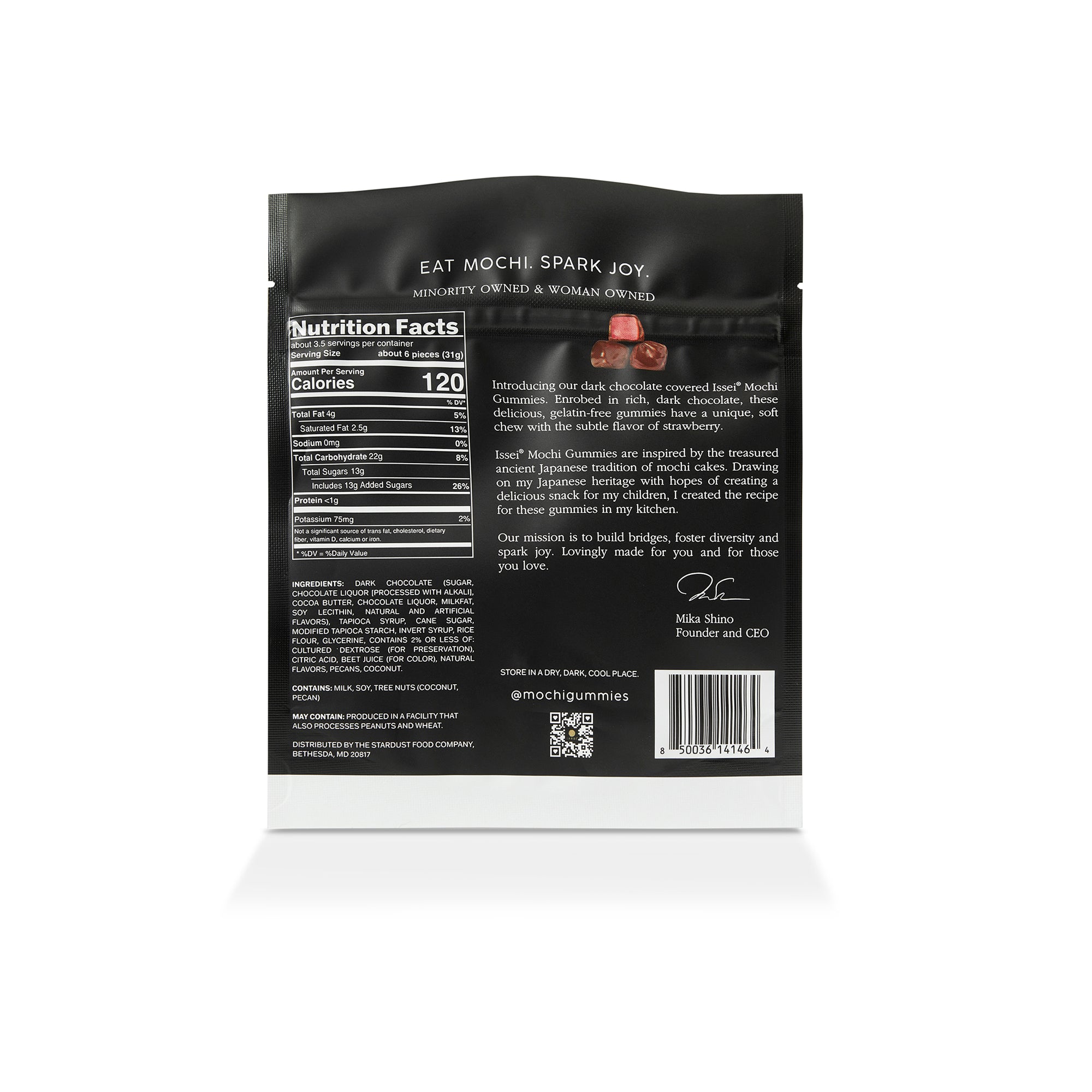 Issei Dark Chocolate Covered Strawberry Mochi Gummies with black and pink packaging back side with nutrition information on white background