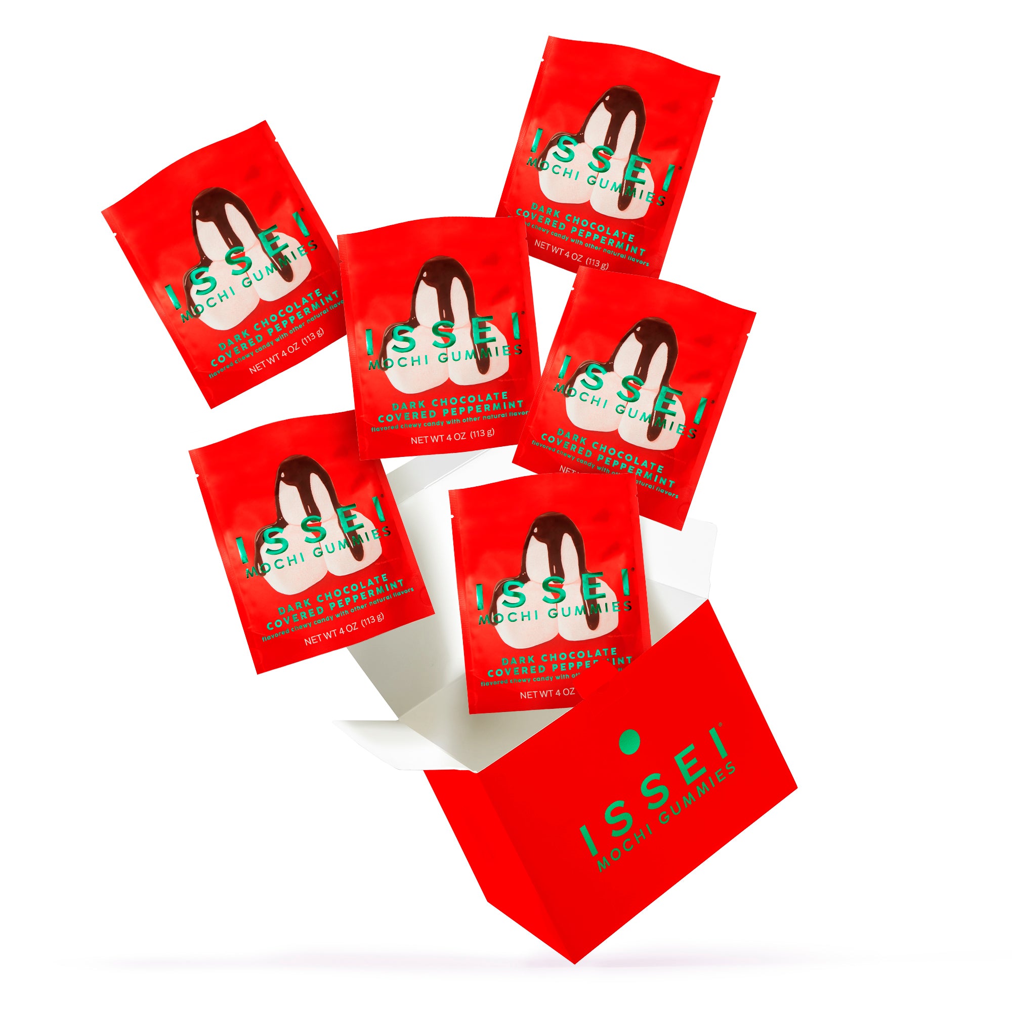 Red box displayed with Issei Mochi Gummies Dark Chocolate Covered Peppermint bags on a white background