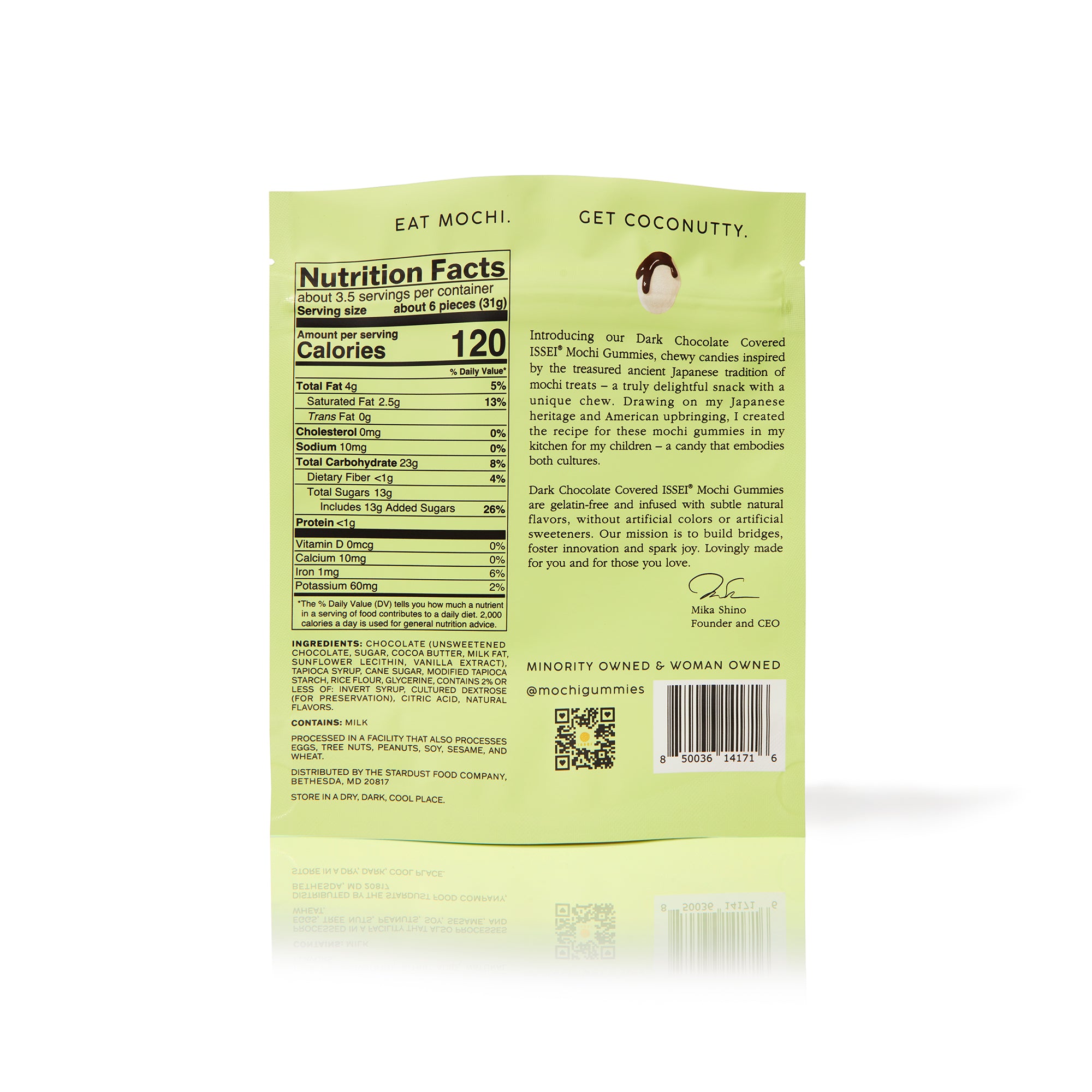 Nutrition facts label on a green package with text and a QR code.