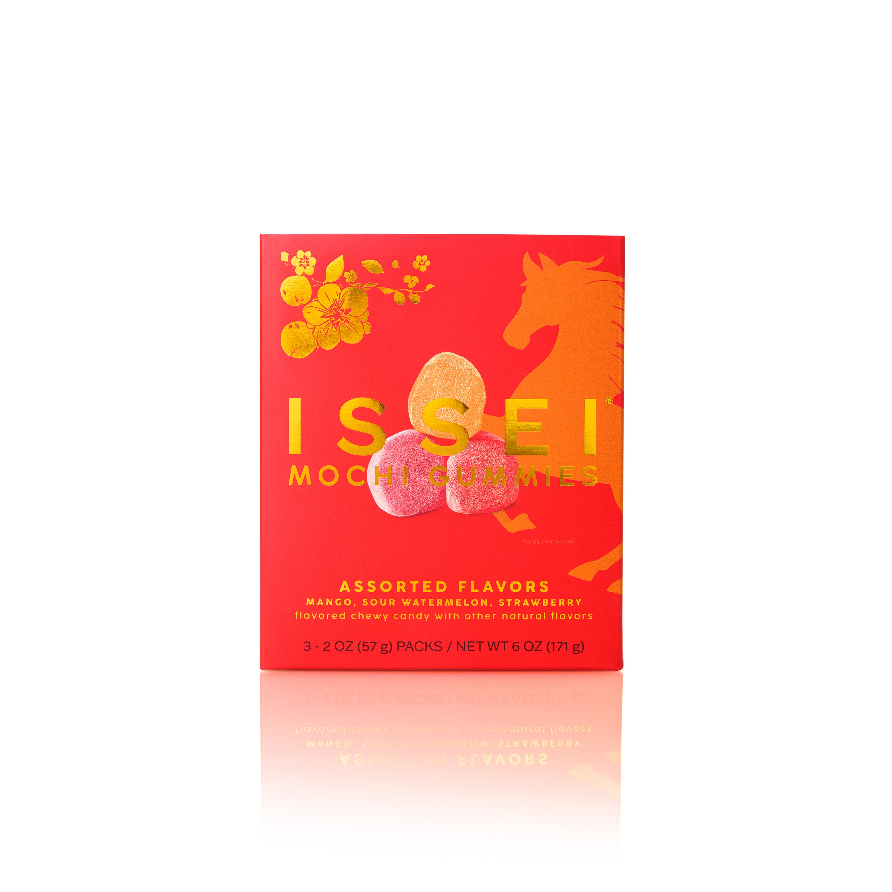 Red box of Issei mochi gummies with colorful design on a white background