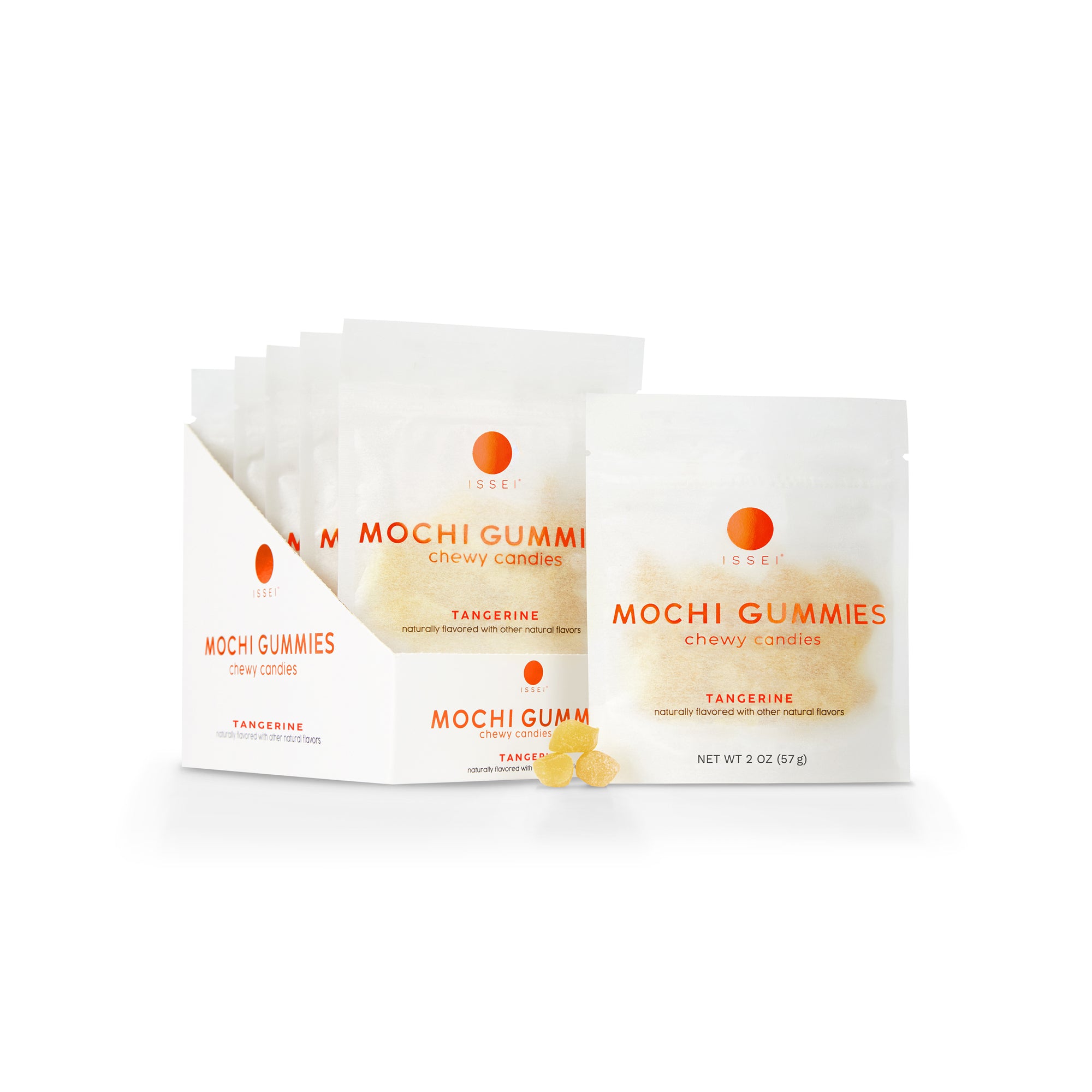 Issei Mochi Gummies 2 oz Tangerine flavor in white packaging 6-pack on white background