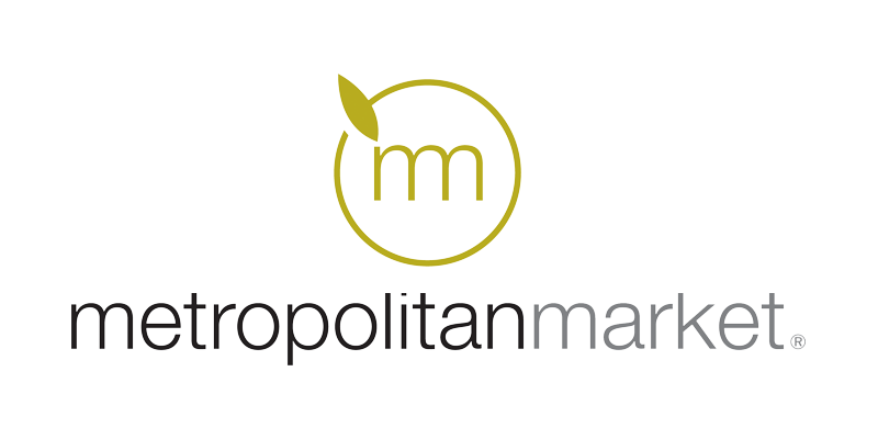 Logo of Metropolitan Market with a yellow 'm' and leaf on a white background