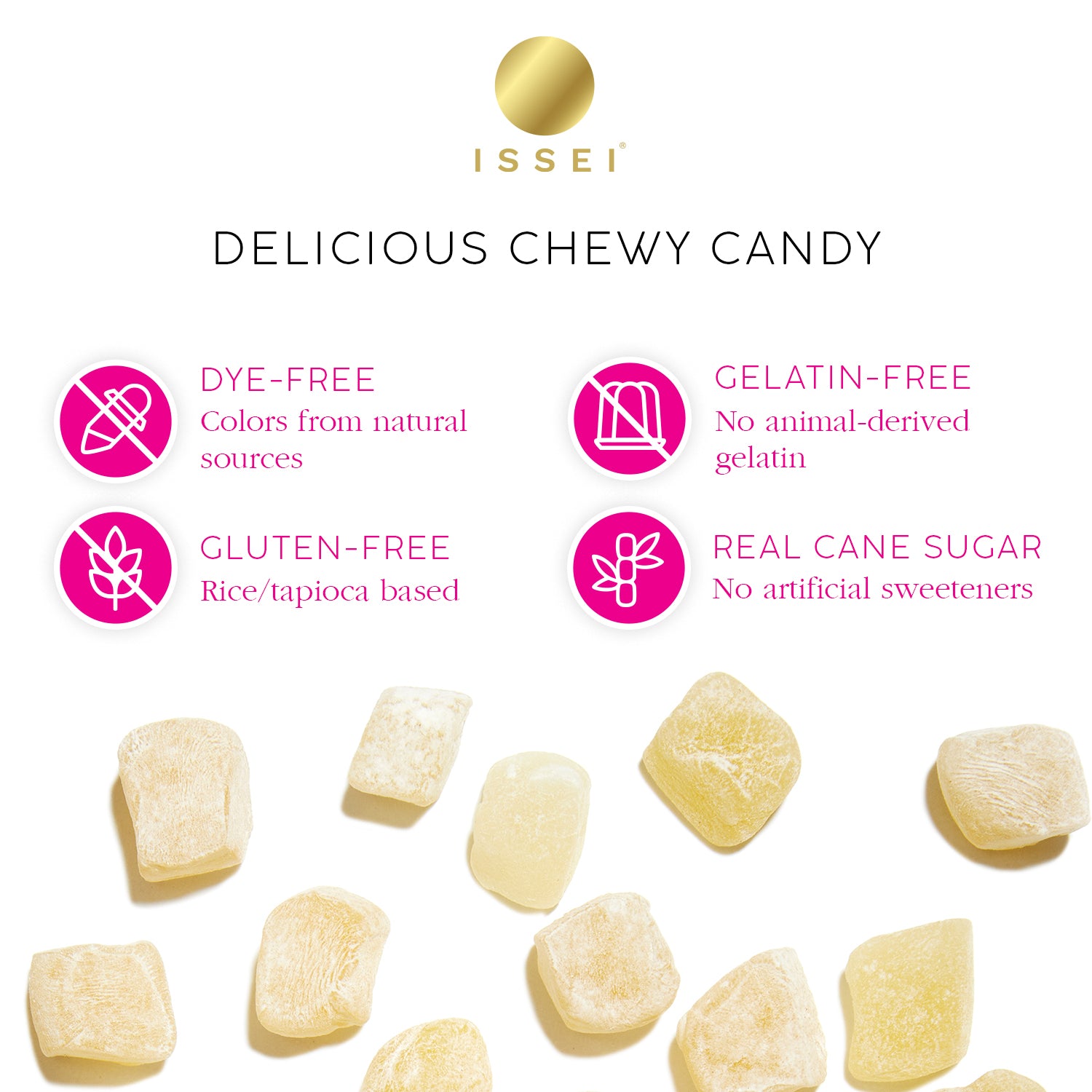 Issei Mochi Gummies Infographic dye-free, gelatin-free, gluten-free, real cane sugar