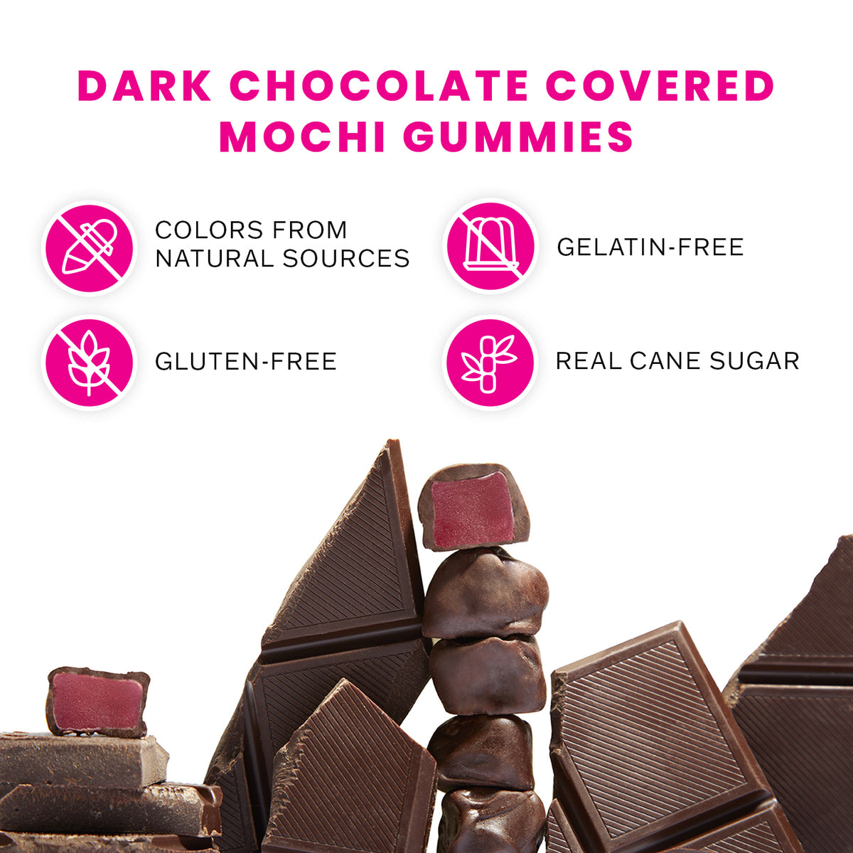 A stack of Dark Chocolate Covered Mochi Gummies surrounded by pieces of chocolate bars on a white background with icons and callouts