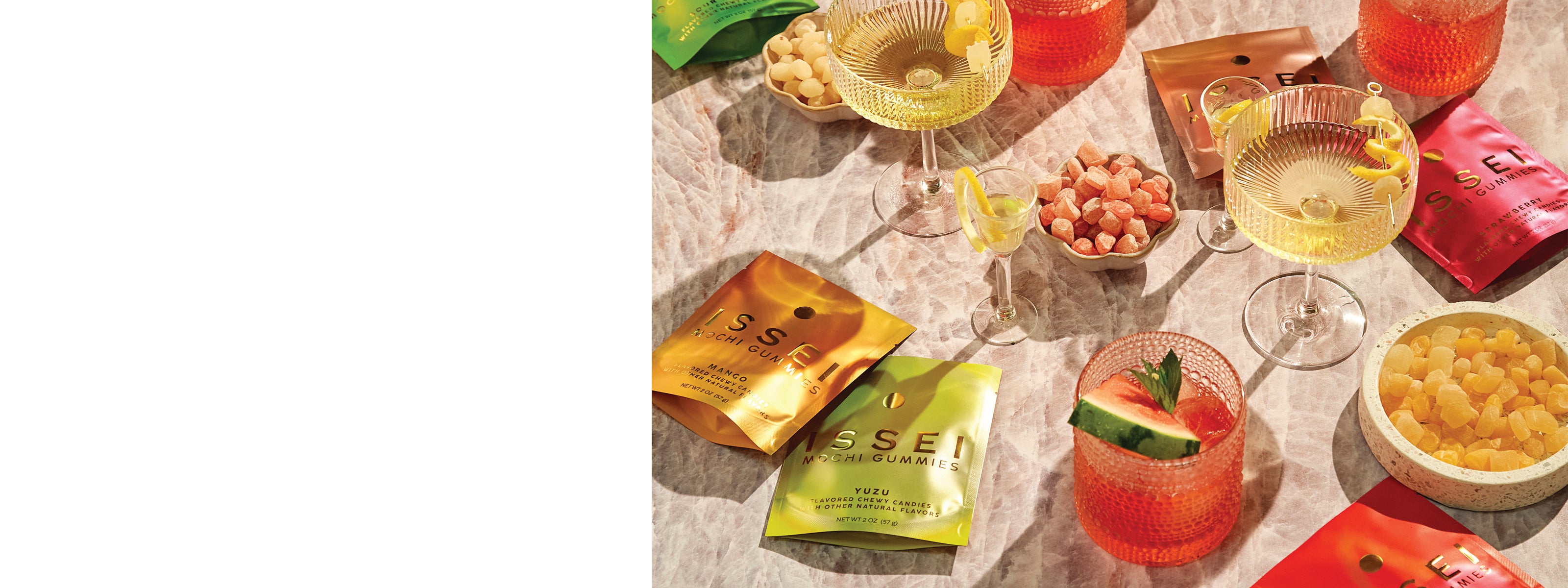 ISSEI mochi gummies colorful packaging, candy and drinks on textured background