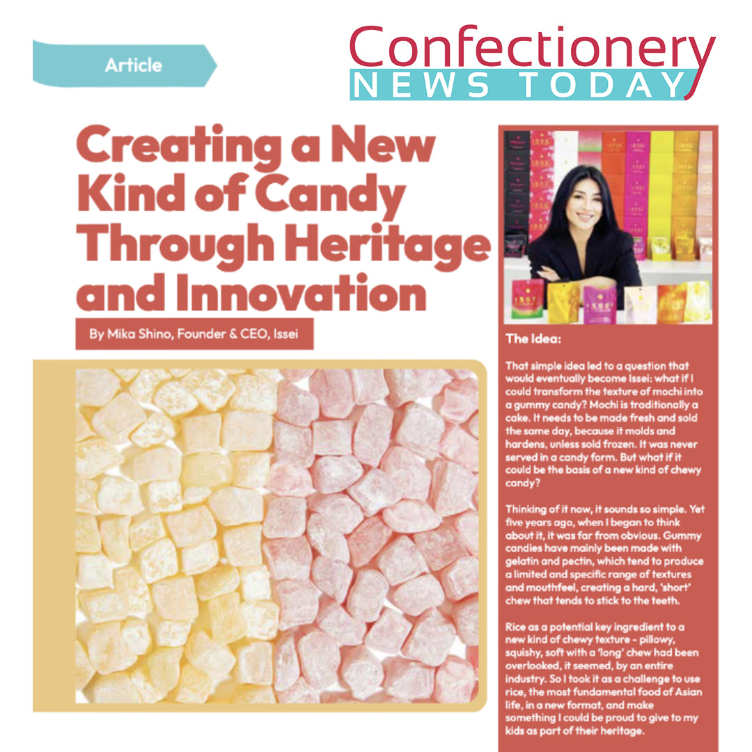 A magazine-style article cover titled 'Creating a New Kind of Candy Through Heritage and Innovation' with the Confectionery News Today header. The cover includes a photo of a smiling woman, candy boxes, and a large close-up of assorted mochi gummies candies at the bottom.