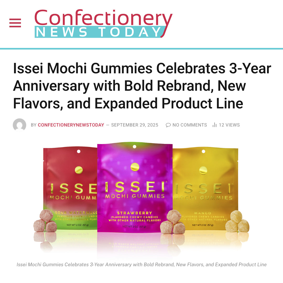 Article from Confectionery News Today about Issei Mochi Gummies celebrating a 3-year anniversary with a bold rebrand.