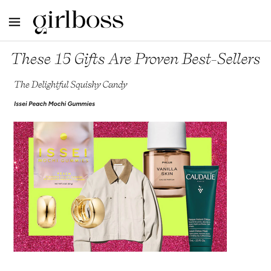 Girlboss press page for Issei Peach Mochi Gummies with other products on a white background