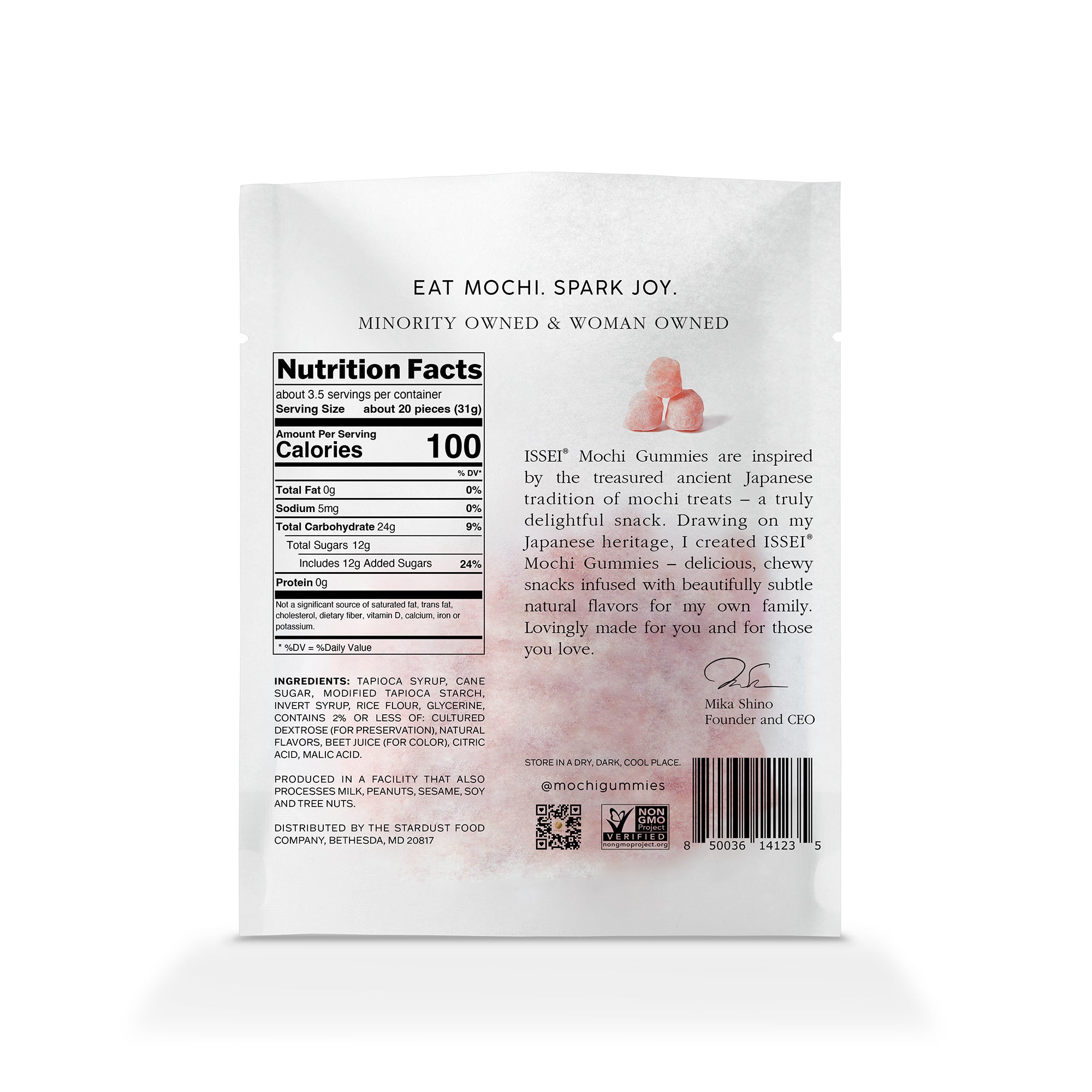 Back of a mochi gummies white package with nutrition facts and branding information.