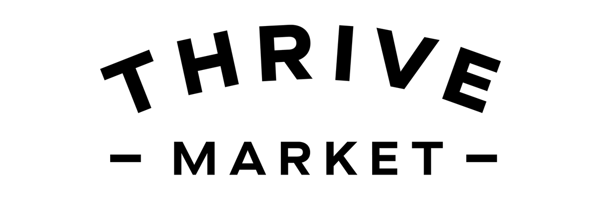 Black text logo reading 'THRIVE MARKET' on a white background, with 'THRIVE' in large arched letters and 'MARKET' in smaller centered letters below.